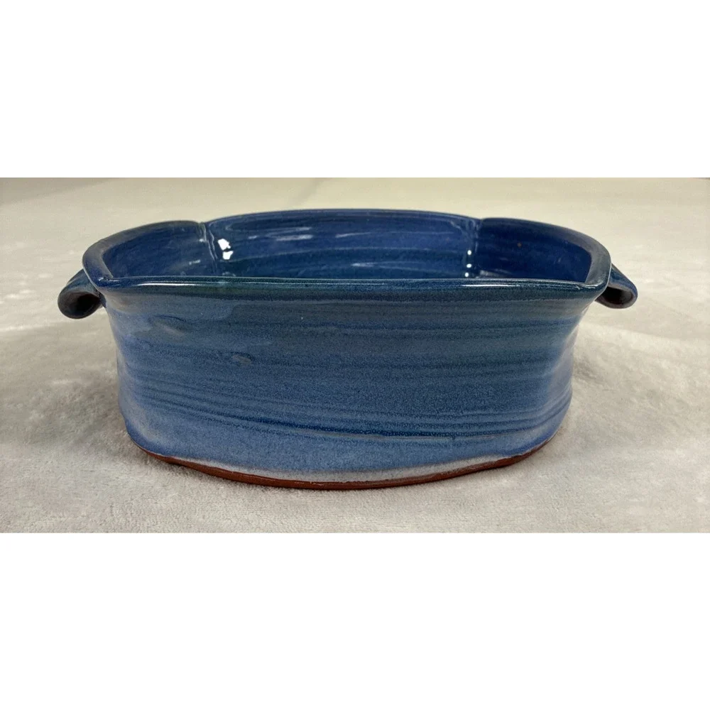 VTG Signed Studio Art Pottery Two Handled Decorative Bowl Blue Glaze 9